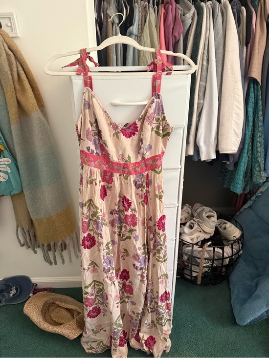 Dresses & Skirts - Floral Tie-Shoulder Maxi Dress in Cream with Pink & Green